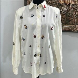 Nautical‎ Embroidered Button Down Shirt Anchors Sailboats Cruise Top